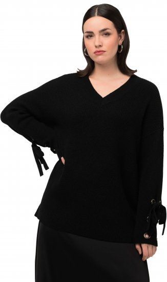 Ulla Popken Lace-Up Cuff Long Sleeve V-Neck Sweater Black - Džemperi un džemperi ar kapuci - 