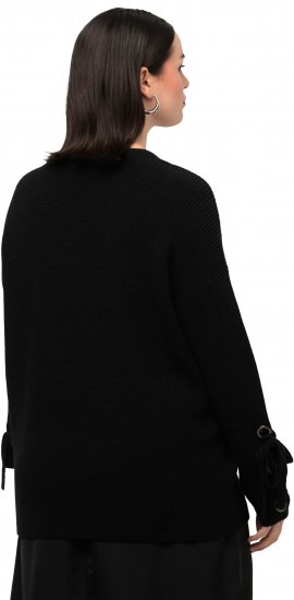 Ulla Popken Lace-Up Cuff Long Sleeve V-Neck Sweater Black - Džemperi un džemperi ar kapuci - 