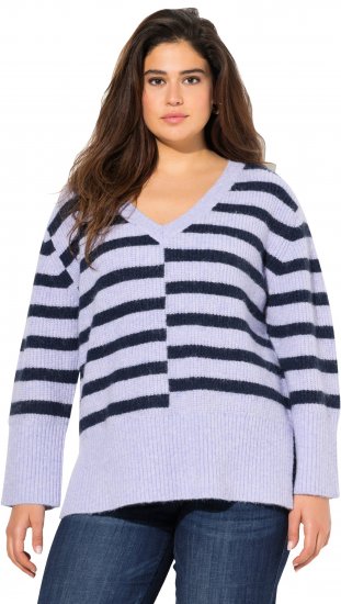 Ulla Popken Split Stripe Long Sleeve V-Neck Sweater Blue Grey - Džemperi un džemperi ar kapuci - 