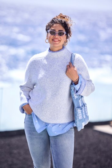Ulla Popken Striped Wool Blend Turtleneck Sweater Sky Blue - Džemperi un džemperi ar kapuci - 