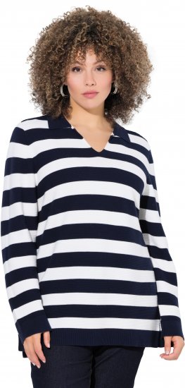 Ulla Popken Striped Polo Collar Long Sleeve Sweater Navy - Džemperi un džemperi ar kapuci - 