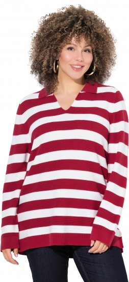Ulla Popken Striped Polo Collar Long Sleeve Sweater Ruby Red - Džemperi un džemperi ar kapuci - 