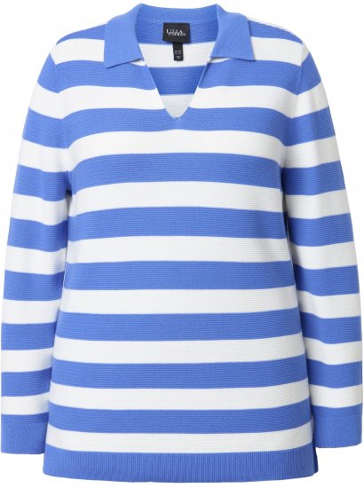 Ulla Popken Striped Polo Collar Long Sleeve Sweater Aegean Blue - Džemperi un džemperi ar kapuci - 