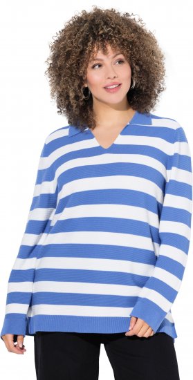 Ulla Popken Striped Polo Collar Long Sleeve Sweater Aegean Blue - Džemperi un džemperi ar kapuci - 