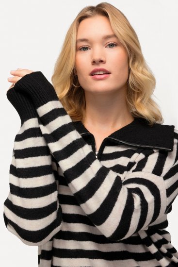 Ulla Popken Striped Troyer Collar Sweater Black - Džemperi un džemperi ar kapuci - Mīksti džemperi un jakas
