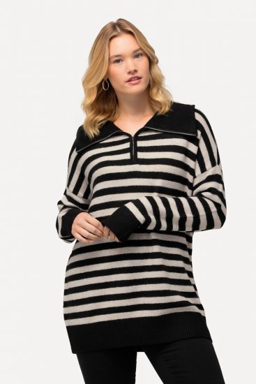 Ulla Popken Striped Troyer Collar Sweater Black - Džemperi un džemperi ar kapuci - Mīksti džemperi un jakas