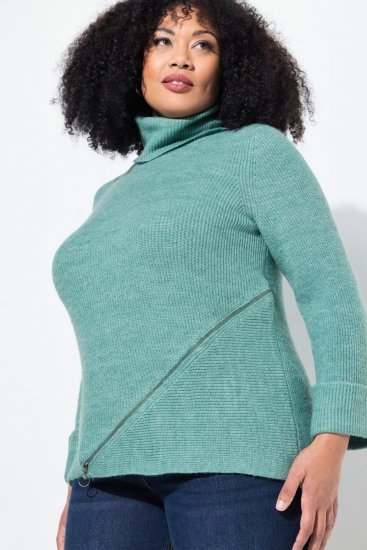 Ulla Popken Asymmetric Zipper Turtleneck Sweater Green - Džemperi un džemperi ar kapuci - Mīksti džemperi un jakas