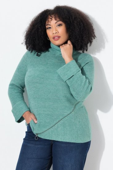 Ulla Popken Asymmetric Zipper Turtleneck Sweater Green - Džemperi un džemperi ar kapuci - Mīksti džemperi un jakas