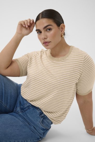 Kaffe Curve Lizzy Knit T-Shirt Feather Melange/Chalk Fine Stripe - T-krekli - 