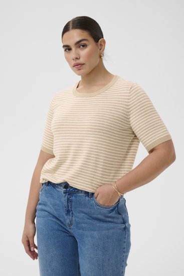 Kaffe Curve Lizzy Knit T-Shirt Feather Melange/Chalk Fine Stripe - T-krekli - 
