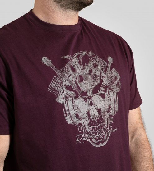 D555 Grimsby Rock n' Roll Skull Printed T-Shirt Burgundy - Lielo vīriešu t-krekli ar apdruku - Lielo vīriešu t-krekli ar apdruku