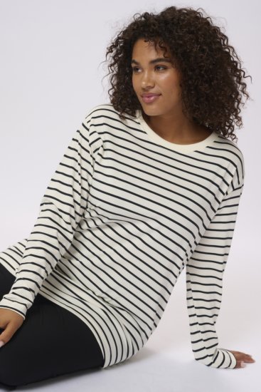 Kaffe Curve Winni Ar garām piedurknēm T-krekls Antīki balta/Melns svītra - T-krekli - 