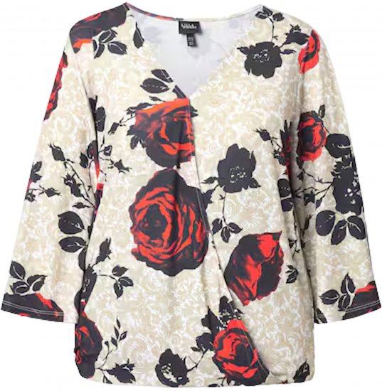 Ulla Popken Rose Print Faux Wrap Top Off-White - T-krekli - 