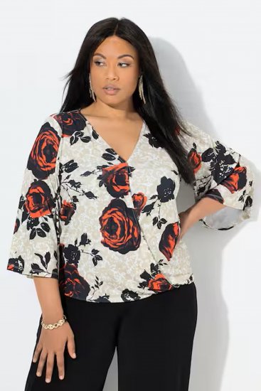 Ulla Popken Rose Print Faux Wrap Top Off-White - T-krekli - 