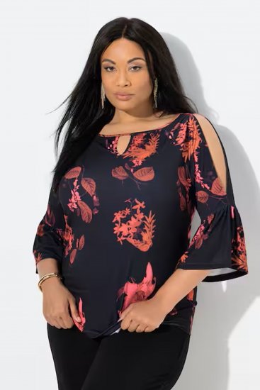 Ulla Popken Botanical Print Cold Shoulder Top Black - T-krekli - 