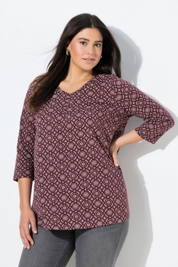 Ulla Popken 3/4 Sleeve Geometric Graphic Tee Plum - T-krekli - Sieviešu T-krekli