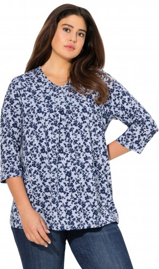 Ulla Popken Floral 3/4 Sleeve V-Neck A-Line Tee Blue - T-krekli - 