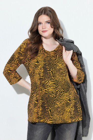 Ulla Popken Animal Print 3/4 Sleeve V-Neck Tee Neon Orange - T-krekli - Sieviešu T-krekli
