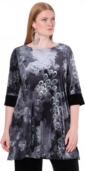 Ulla Popken Velvet Peacock Feather 3/4 Sleeve Tunic Blouse Black - T-krekli - 