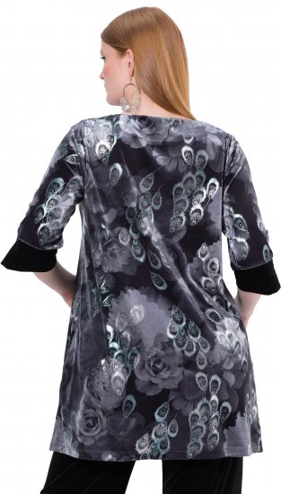 Ulla Popken Velvet Peacock Feather 3/4 Sleeve Tunic Blouse Black - T-krekli - 