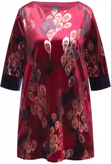 Ulla Popken Velvet Peacock Feather 3/4 Sleeve Tunic Blouse Wine Red - T-krekli - 