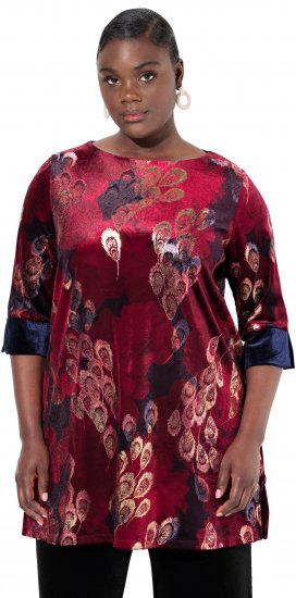 Ulla Popken Velvet Peacock Feather 3/4 Sleeve Tunic Blouse Wine Red - T-krekli - 