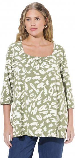 Ulla Popken Scribble Print Square Neck 3/4 Sleeve Tee Sage Green - Apdrukāti T-krekli sievietēm - 