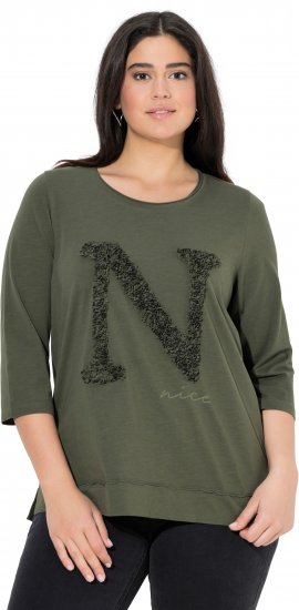 Ulla Popken Textured Lettering 3/4 Sleeve Tee Olive - Apdrukāti T-krekli sievietēm - 