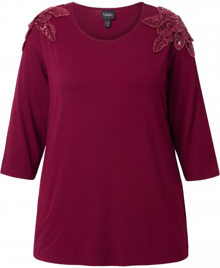 Ulla Popken Flower Epaulet 3/4 Sleeve Top Dark Cherry Red - Apdrukāti T-krekli sievietēm - 