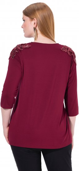 Ulla Popken Flower Epaulet 3/4 Sleeve Top Dark Cherry Red - Apdrukāti T-krekli sievietēm - 