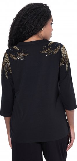 Ulla Popken Feather Beadwork 3/4 Sleeve Top Black - Apdrukāti T-krekli sievietēm - 