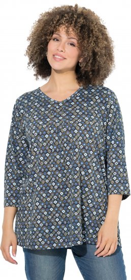Ulla Popken Graphic Print Pleated 3/4 Sleeve Tee Atlantic Blue - T-krekli - 