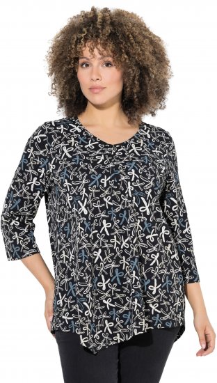 Ulla Popken Ribbon Print 3/4 Sleeve Asymmetric Tee Black - Apdrukāti T-krekli sievietēm - 