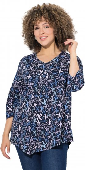 Ulla Popken Ribbon Print 3/4 Sleeve Asymmetric Tee Navy - Apdrukāti T-krekli sievietēm - 