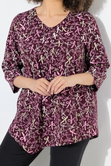 Ulla Popken Ribbon Print 3/4 Sleeve Asymmetric Tee Plum - Apdrukāti T-krekli sievietēm - Sieviešu T-krekli ar apdruku