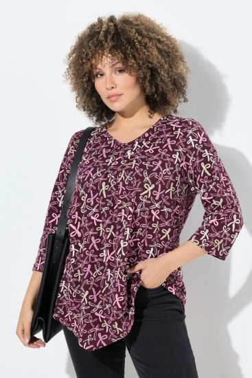 Ulla Popken Ribbon Print 3/4 Sleeve Asymmetric Tee Plum - Apdrukāti T-krekli sievietēm - Sieviešu T-krekli ar apdruku