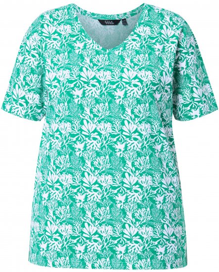 Ulla Popken Coral Reef Printed Short Sleeve V-Neck Tee Emerald - Apdrukāti T-krekli sievietēm - 
