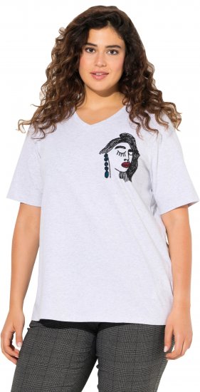 Ulla Popken Embroidered Face Motif Short Sleeve V-Neck Tee Light Grey Melange - Apdrukāti T-krekli sievietēm - 
