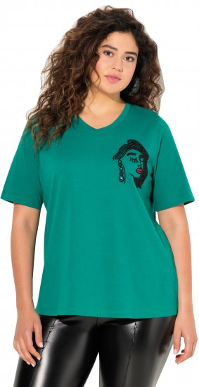 Ulla Popken Embroidered Face Motif Short Sleeve V-Neck Tee Emerald Green - Apdrukāti T-krekli sievietēm - 
