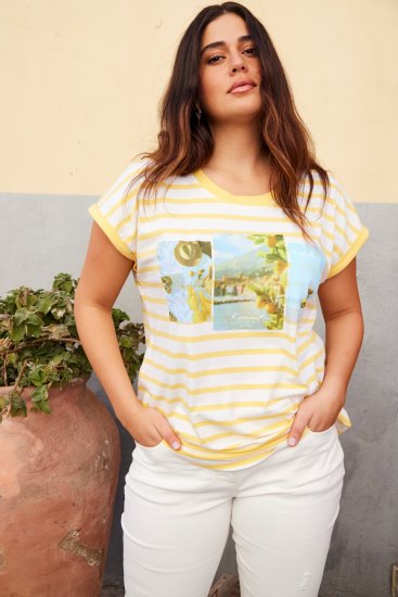 Ulla Popken Striped Short Sleeve Citrus Graphic Tee Sun Yellow - Apdrukāti T-krekli sievietēm - 