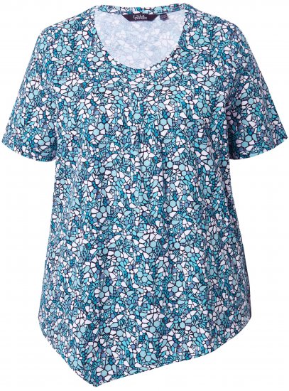 Ulla Popken Floral Pointed Hem Short Sleeve Tee Deep Aqua - Apdrukāti T-krekli sievietēm - 