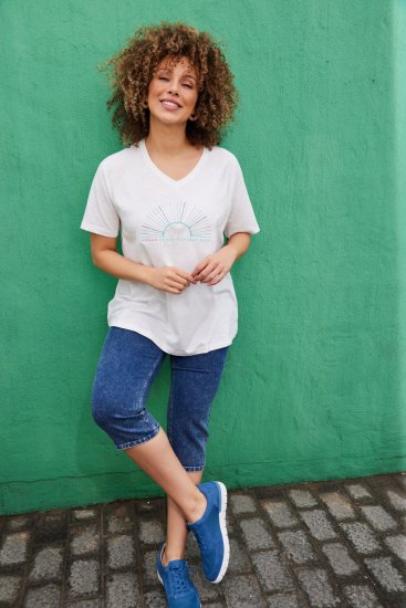 Ulla Popken Embroidered Sunrise Lettering Tee Off-White - Apdrukāti T-krekli sievietēm - 