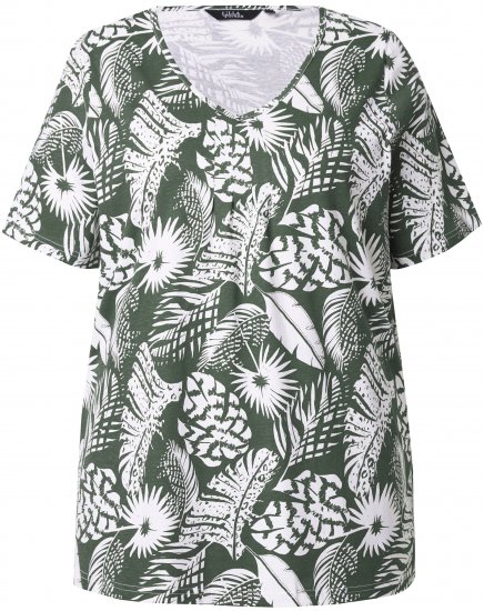 Ulla Popken Feather Print Short Sleeve V-Neck Tee Olive Grey - Apdrukāti T-krekli sievietēm - 
