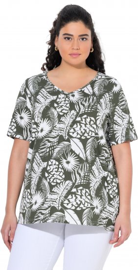 Ulla Popken Feather Print Short Sleeve V-Neck Tee Olive Grey - Apdrukāti T-krekli sievietēm - 