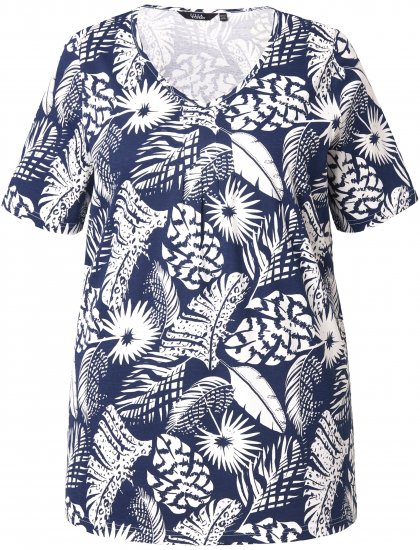 Ulla Popken Feather Print Short Sleeve V-Neck Tee Ink Blue - Apdrukāti T-krekli sievietēm - 