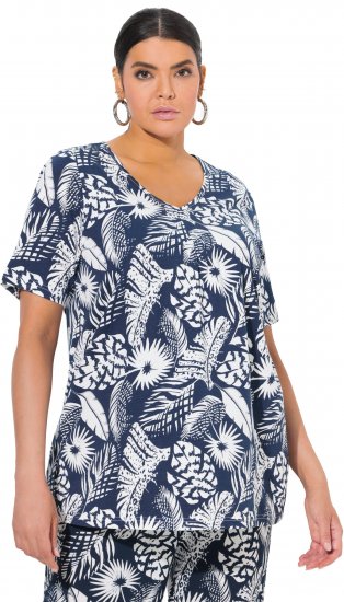 Ulla Popken Feather Print Short Sleeve V-Neck Tee Ink Blue - Apdrukāti T-krekli sievietēm - 