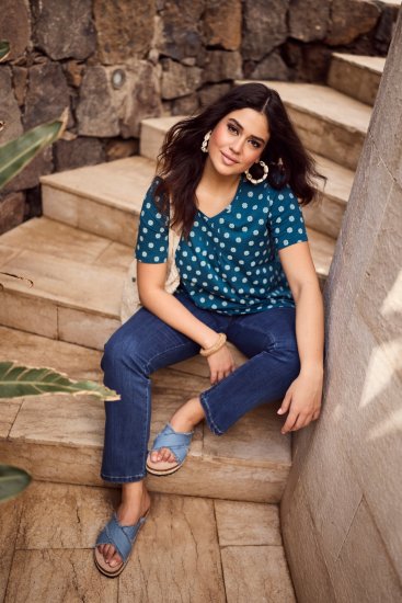 Ulla Popken Tile Print Short Sleeve Pleated Tee Teal - Apdrukāti T-krekli sievietēm - 