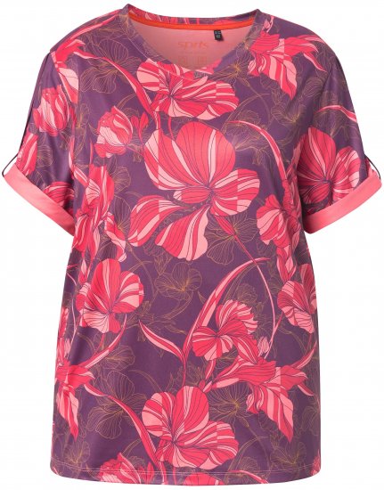Ulla Popken Quick Drying Flower Print Short Sleeve Tee Dark Cherry - Apdrukāti T-krekli sievietēm - 