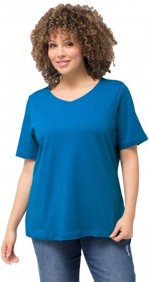 Ulla Popken Double Layer Rounded V-Neck Slim Fit Tee Medium Blue - T-krekli - 