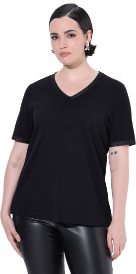 Ulla Popken Satin Trimmed Ribbed Jersey Short Sleeve T-Shirt Black - T-krekli - 